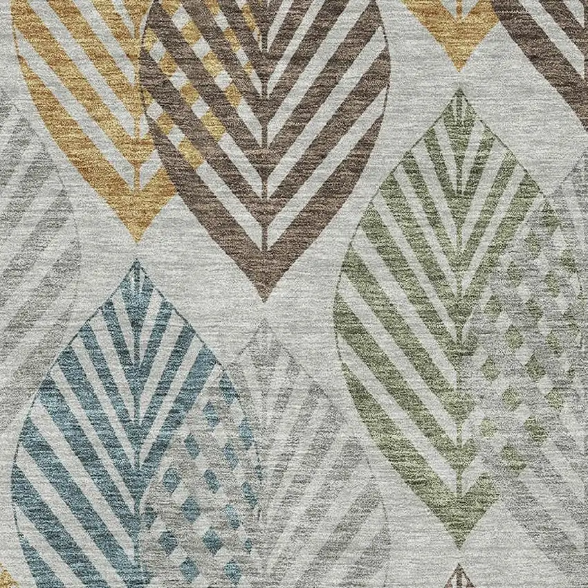 Gray Teal And Gold Floral Washable Area Rug With UV Protection Photo 3