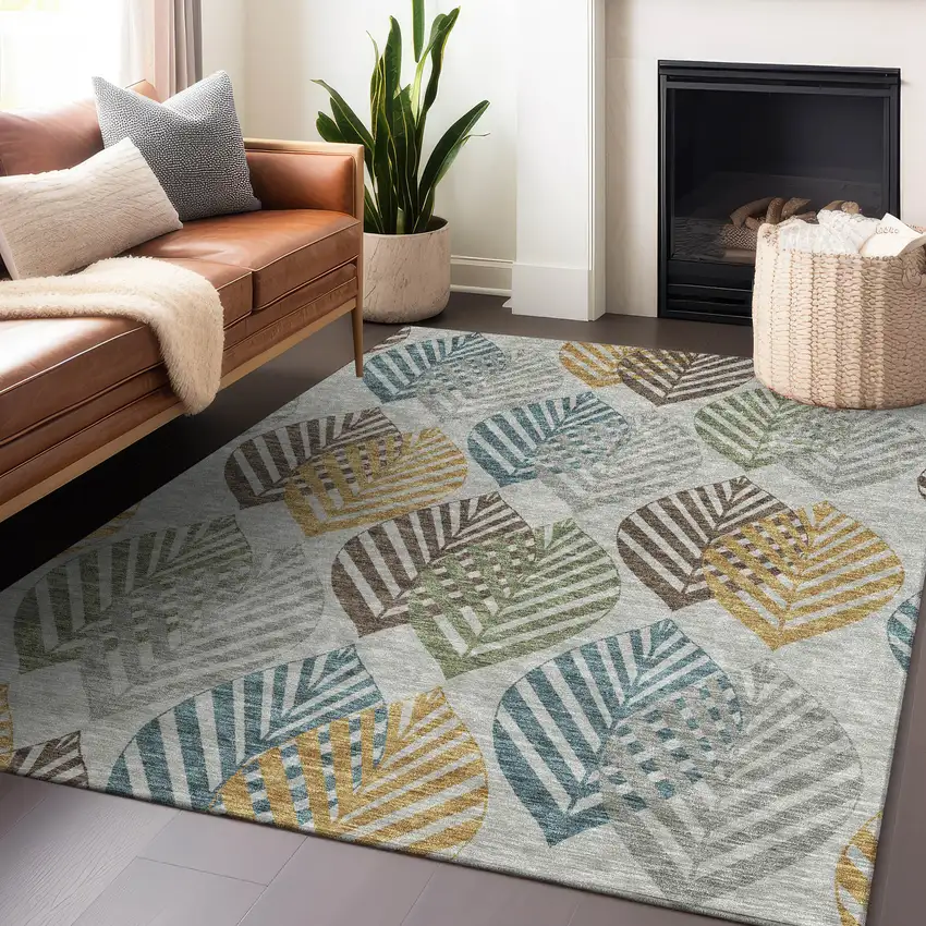 Gray Teal And Gold Floral Washable Area Rug With UV Protection Photo 6