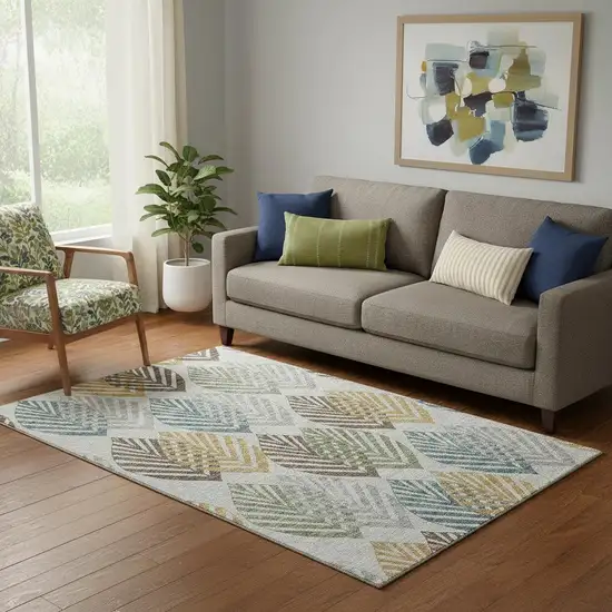 Gray Teal And Gold Floral Washable Area Rug With UV Protection Photo 1