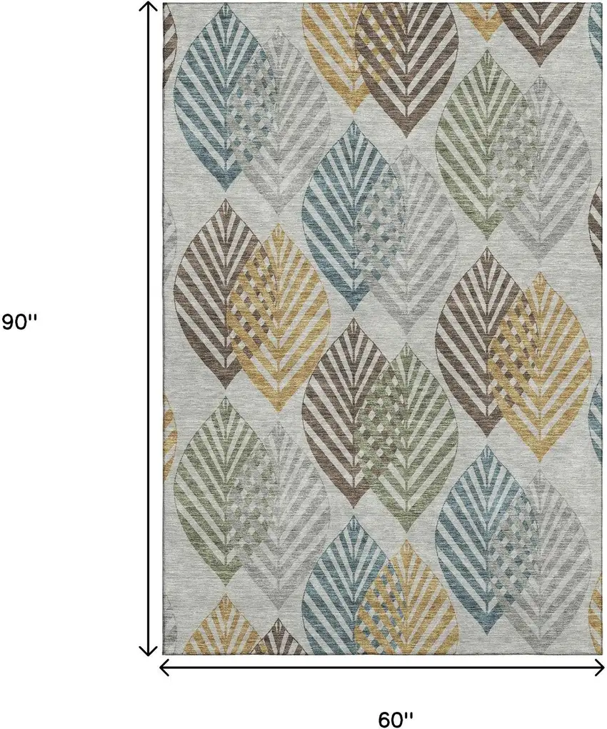 Gray Teal And Gold Floral Washable Area Rug With UV Protection Photo 3