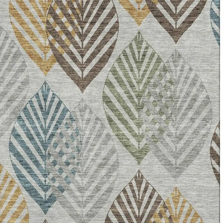 Gray Teal And Gold Floral Washable Area Rug With UV Protection Photo 4