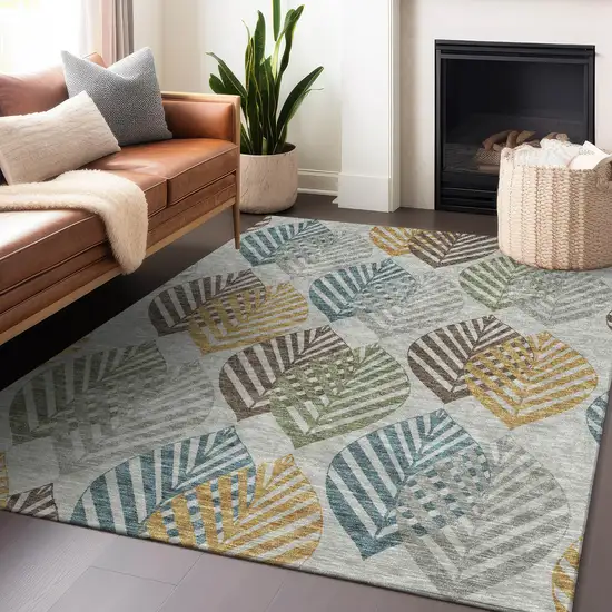 Gray Teal And Gold Floral Washable Area Rug With UV Protection Photo 6