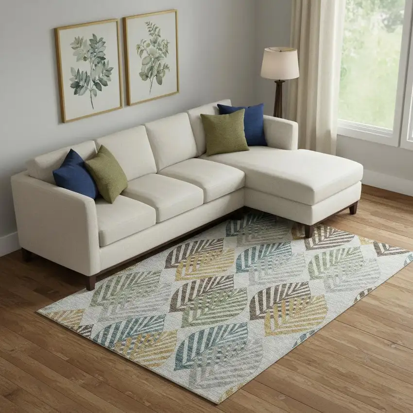 Gray Teal And Gold Floral Washable Area Rug With UV Protection Photo 1