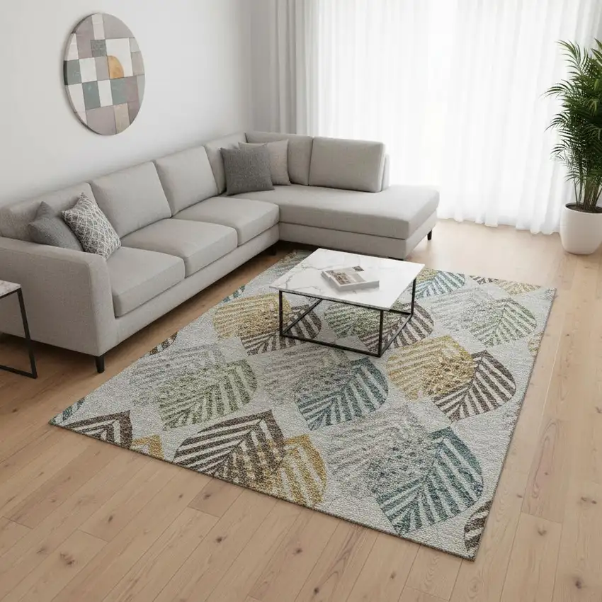 Gray Teal And Gold Floral Washable Area Rug With UV Protection Photo 2