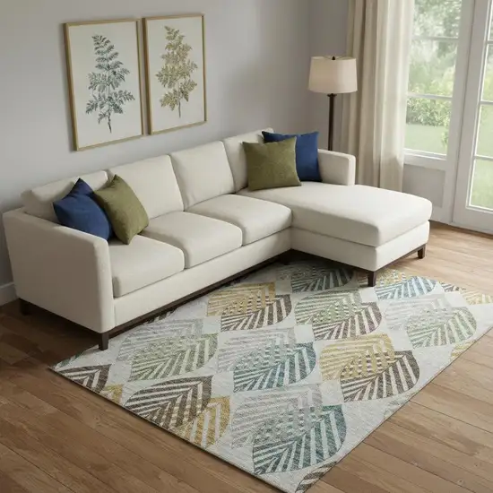 Gray Teal And Gold Floral Washable Area Rug With UV Protection Photo 1