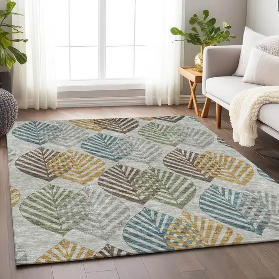 Gray Teal And Gold Floral Washable Area Rug With UV Protection Photo 5