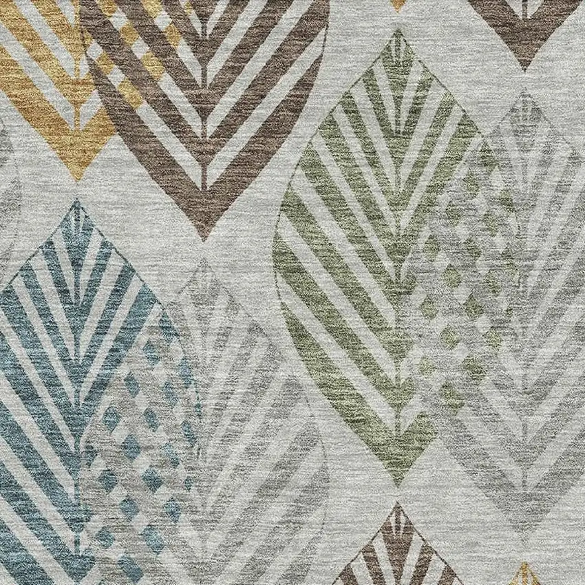 Gray Teal And Gold Floral Washable Area Rug With UV Protection Photo 3