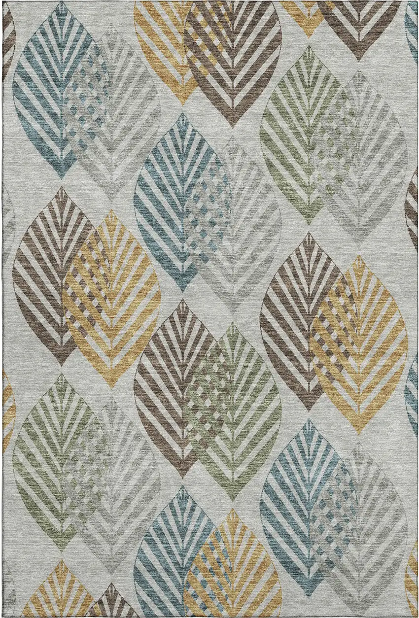 Gray Teal And Gold Floral Washable Area Rug With UV Protection Photo 1