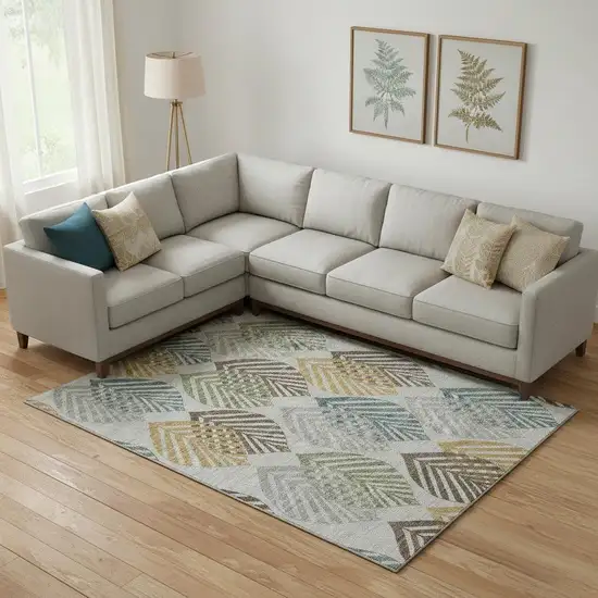 Gray Teal And Gold Floral Washable Area Rug With UV Protection Photo 1