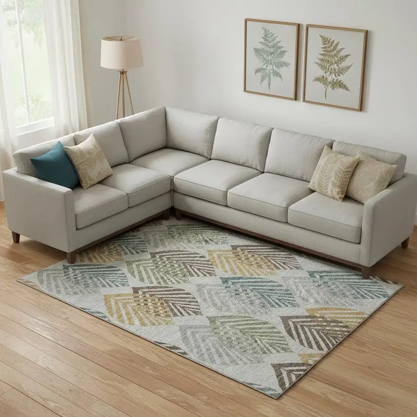 Gray Teal And Gold Floral Washable Area Rug With UV Protection Photo 1