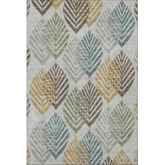 Gray Teal And Gold Floral Washable Area Rug With UV Protection Photo 4