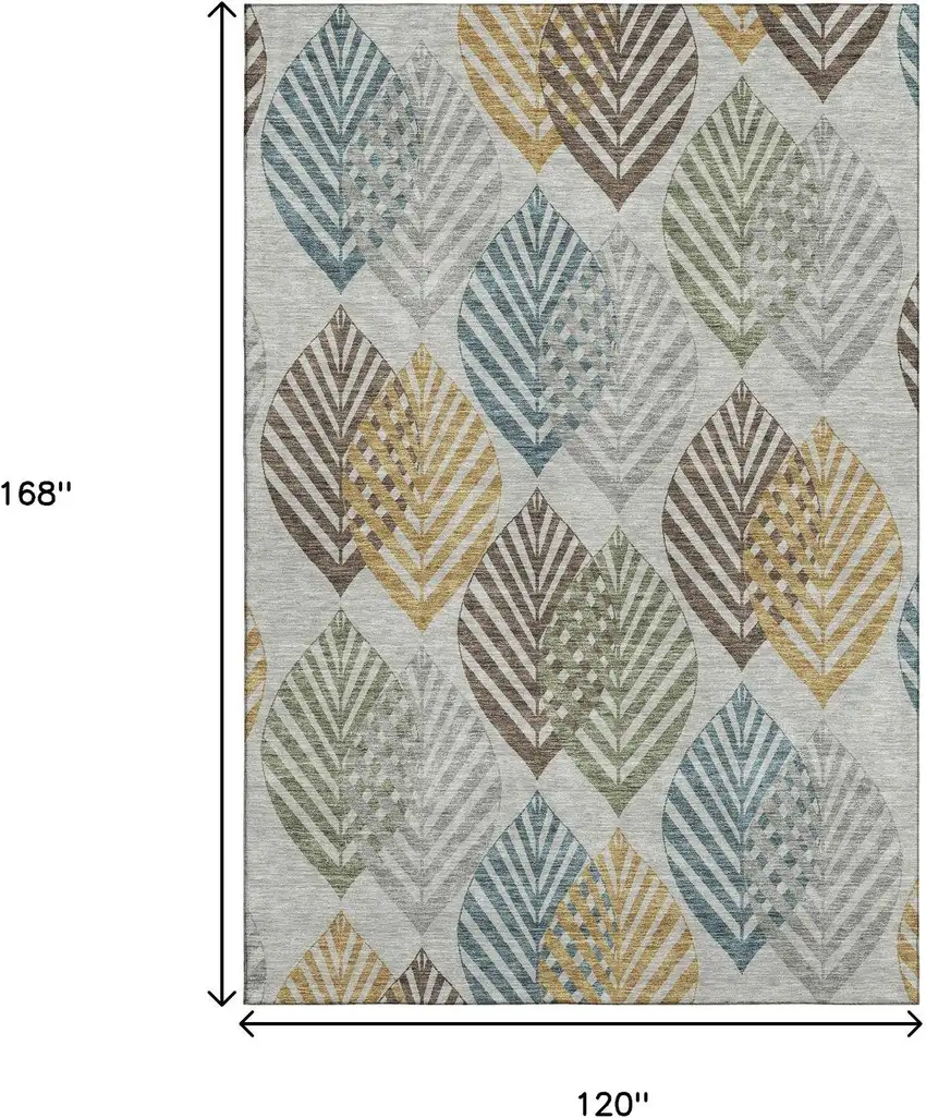 Gray Teal And Gold Floral Washable Area Rug With UV Protection Photo 3