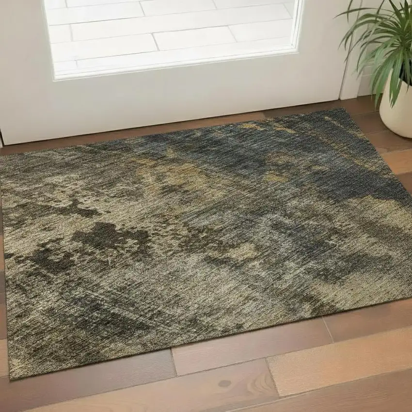 Gray Teal And Gold Striped Washable Area Rug With UV Protection Photo 2