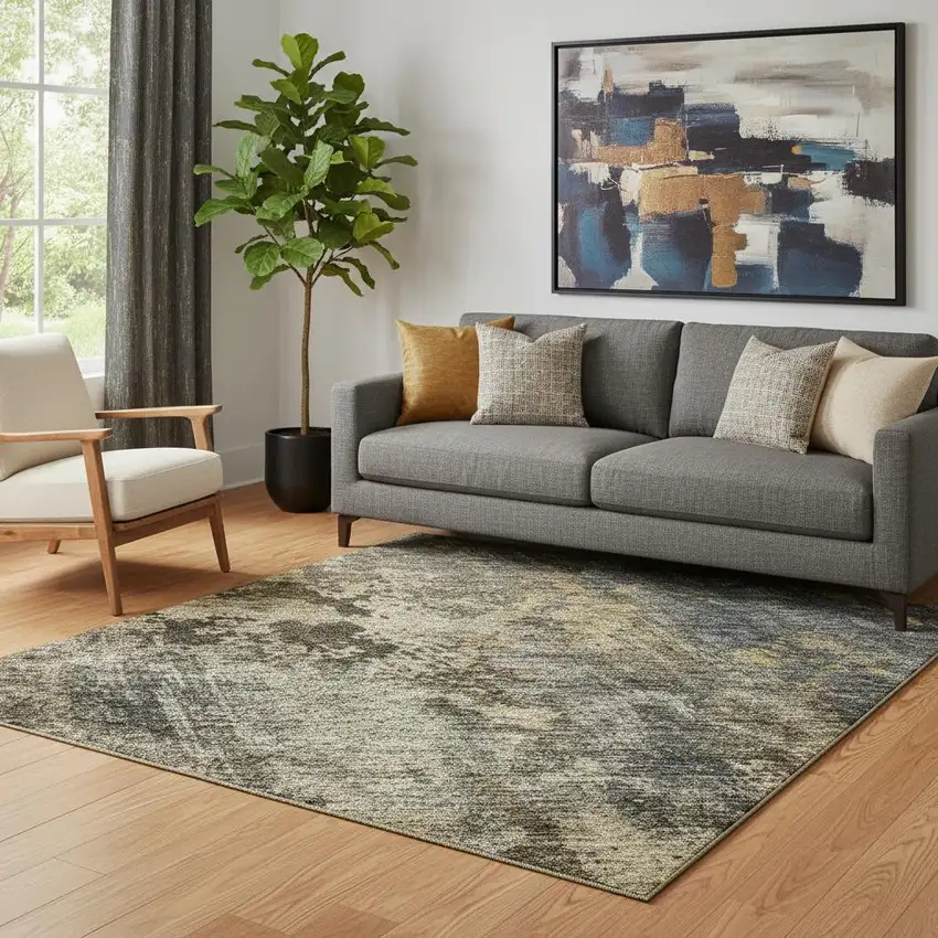 Gray Teal And Gold Striped Washable Area Rug With UV Protection Photo 2