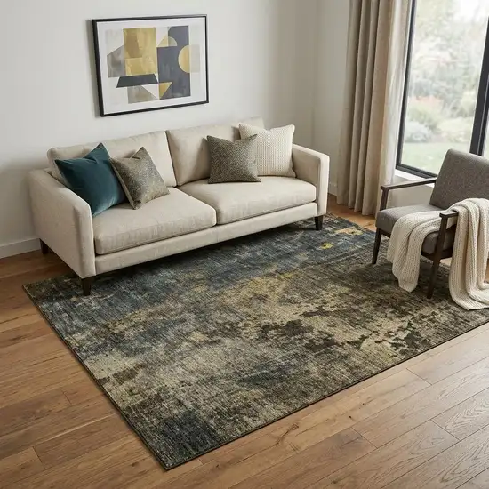 Gray Teal And Gold Striped Washable Area Rug With UV Protection Photo 1