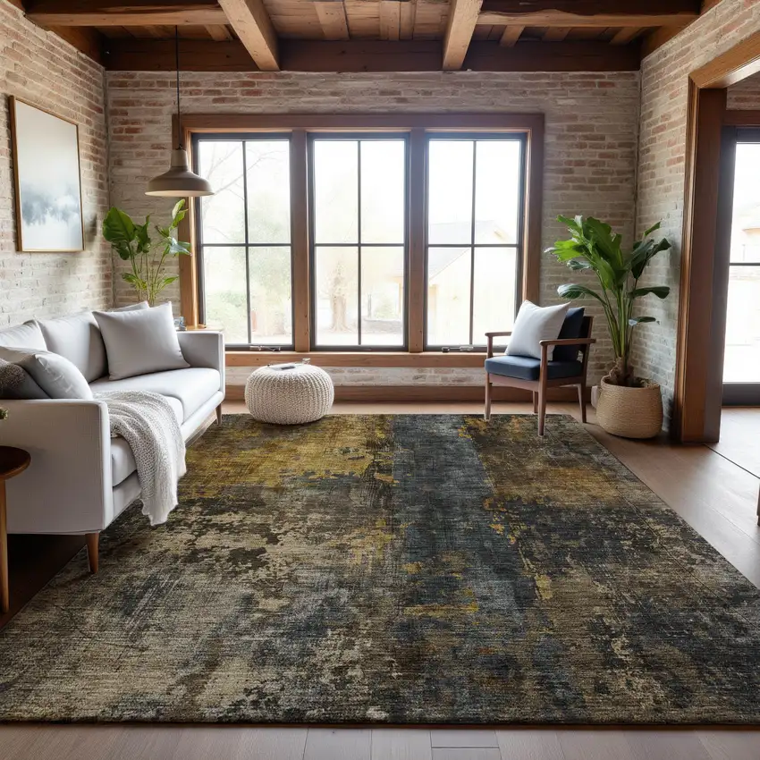 Gray Teal And Gold Striped Washable Area Rug With UV Protection Photo 4