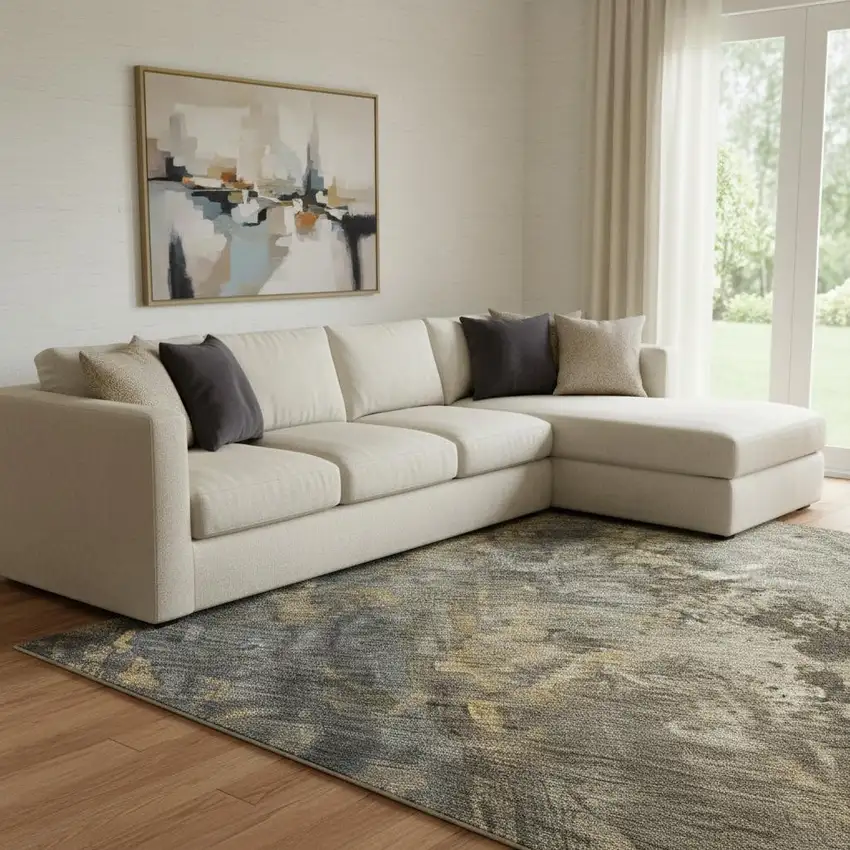 Gray Teal And Gold Striped Washable Area Rug With UV Protection Photo 2