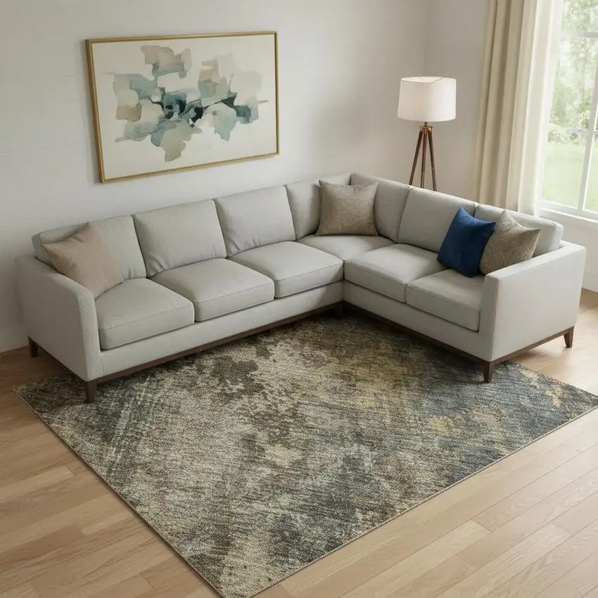 Gray Teal And Gold Striped Washable Area Rug With UV Protection Photo 2