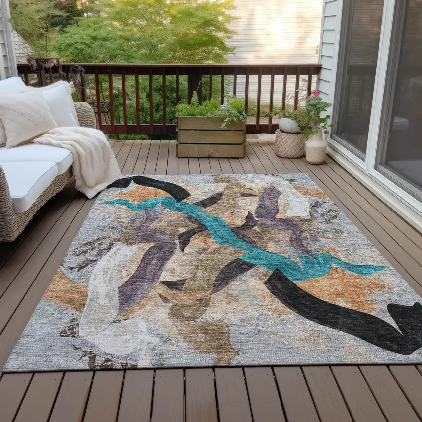 Gray Teal Blue And Plum Abstract Washable Indoor Outdoor Area Rug Photo 8