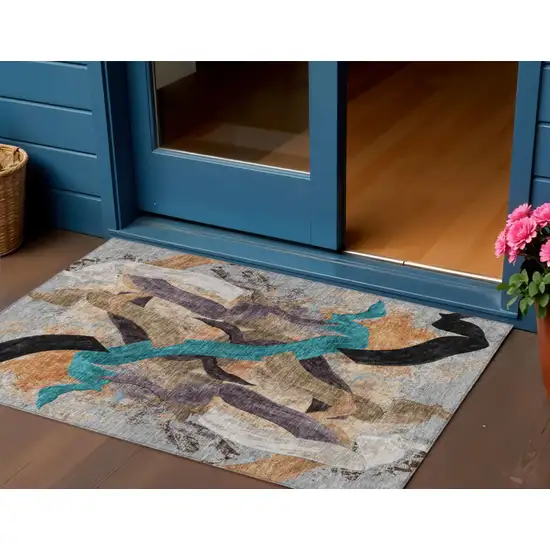 Gray Teal Blue And Plum Abstract Washable Indoor Outdoor Area Rug Photo 2