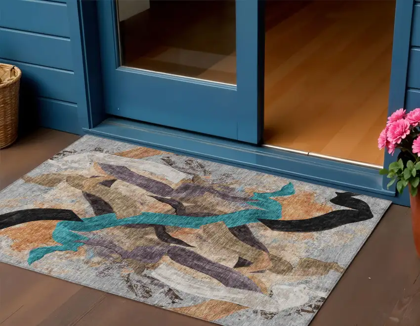 Gray Teal Blue And Plum Abstract Washable Indoor Outdoor Area Rug Photo 2