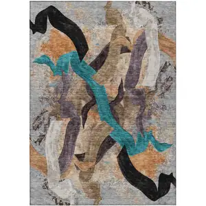 Photo of Gray Teal Blue And Plum Abstract Washable Indoor Outdoor Area Rug