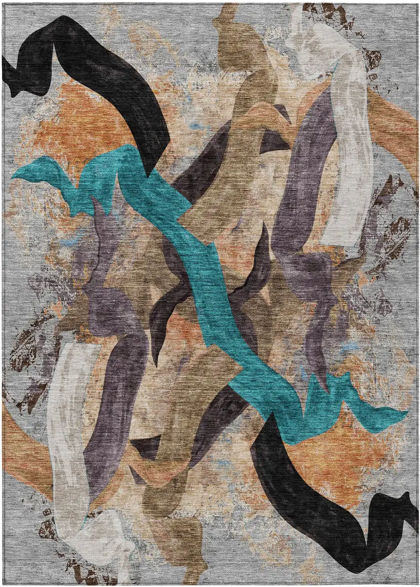 Gray Teal Blue And Plum Abstract Washable Indoor Outdoor Area Rug Photo 1