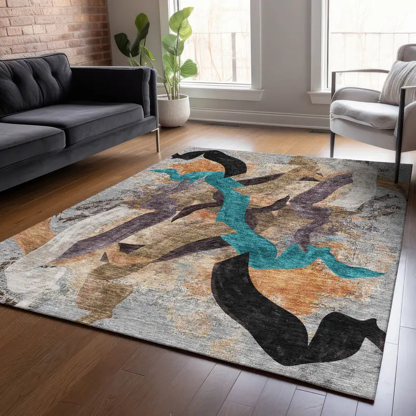 Gray Teal Blue And Plum Abstract Washable Indoor Outdoor Area Rug Photo 9