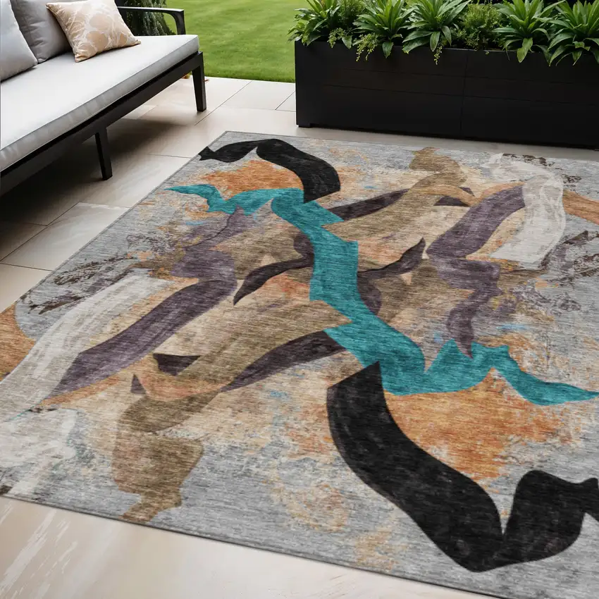 Gray Teal Blue And Plum Abstract Washable Indoor Outdoor Area Rug Photo 2