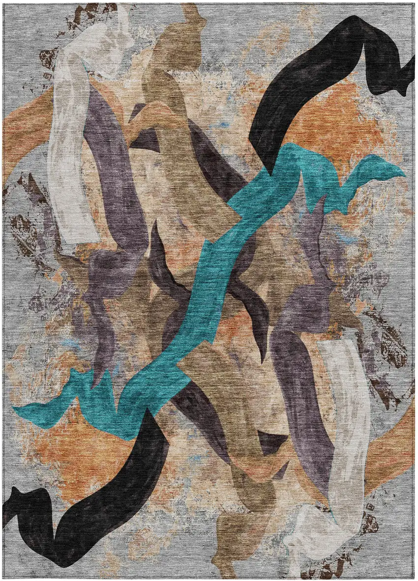Gray Teal Blue And Plum Abstract Washable Indoor Outdoor Area Rug Photo 3