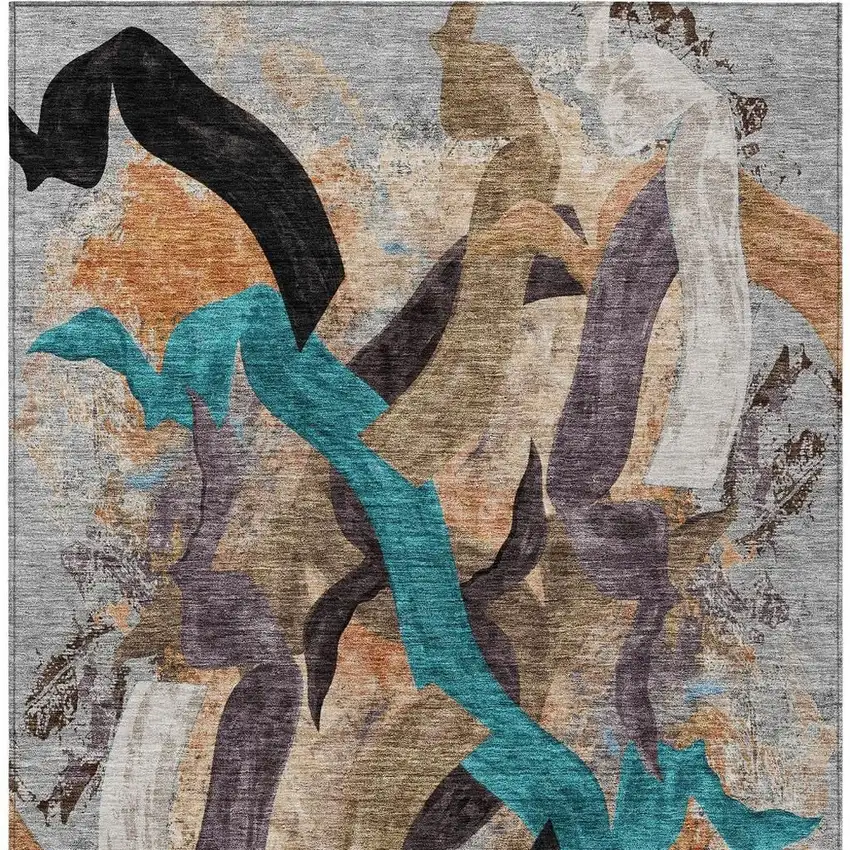 Gray Teal Blue And Plum Abstract Washable Indoor Outdoor Area Rug Photo 5