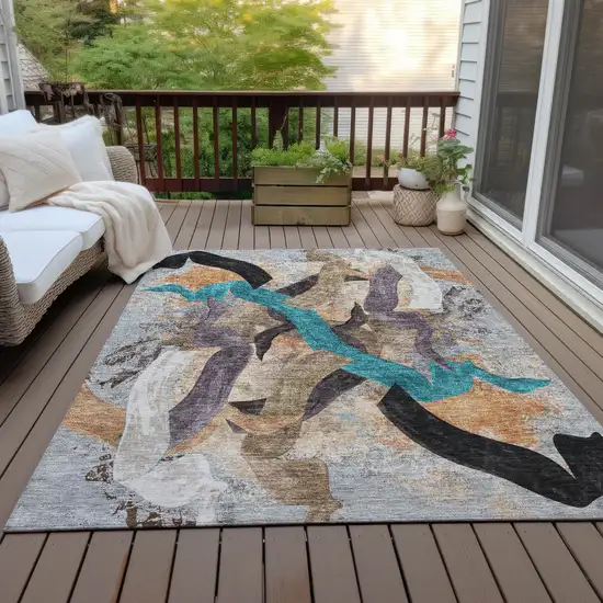 Gray Teal Blue And Plum Abstract Washable Indoor Outdoor Area Rug Photo 8
