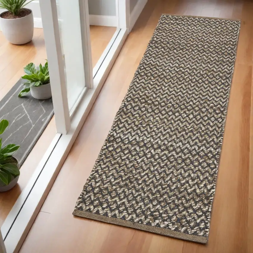 6' Natural and Gray Chevron Hand Woven Jute Runner Rug Photo 1