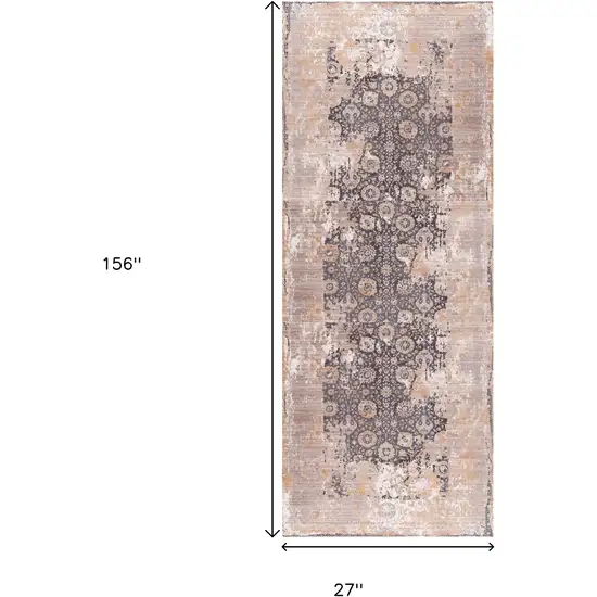 13' Gray And Ivory Oriental Runner Rug Photo 7