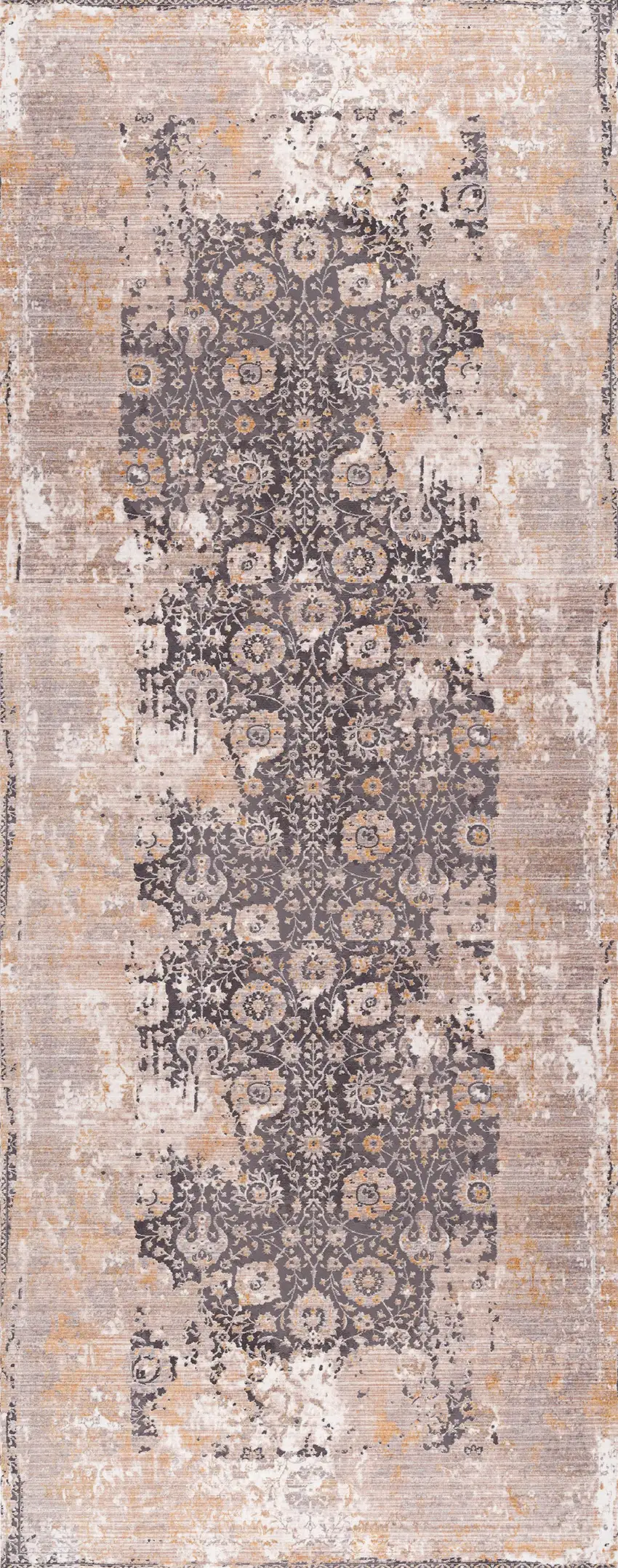 Gray and Ivory Oriental Power Loom Runner Rug Photo 7