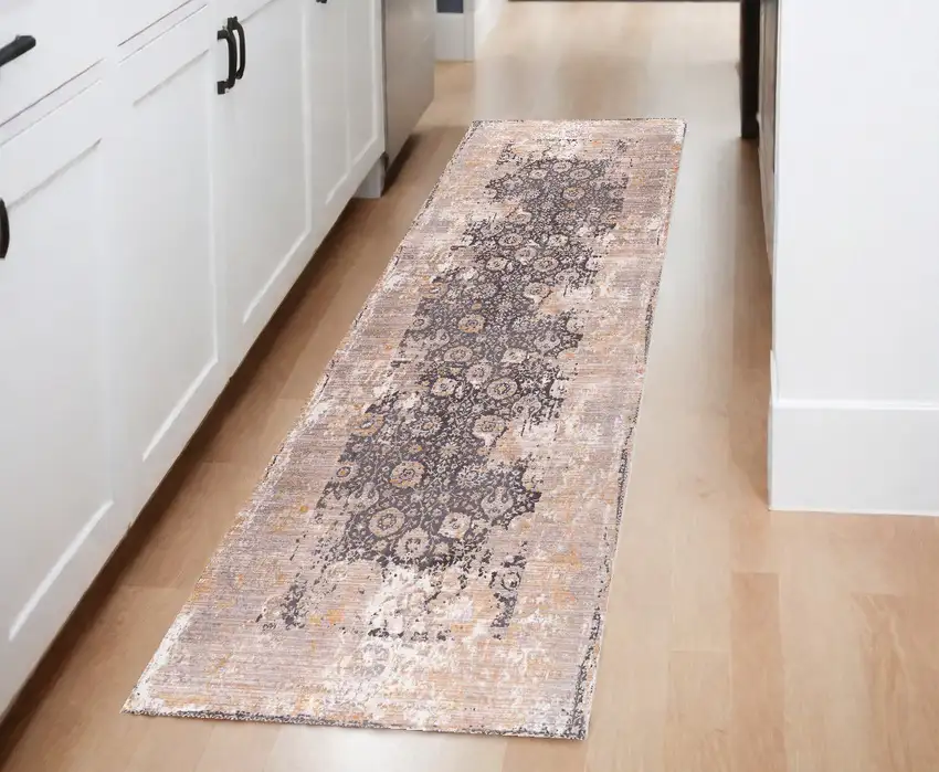 Gray and Ivory Oriental Power Loom Runner Rug Photo 1