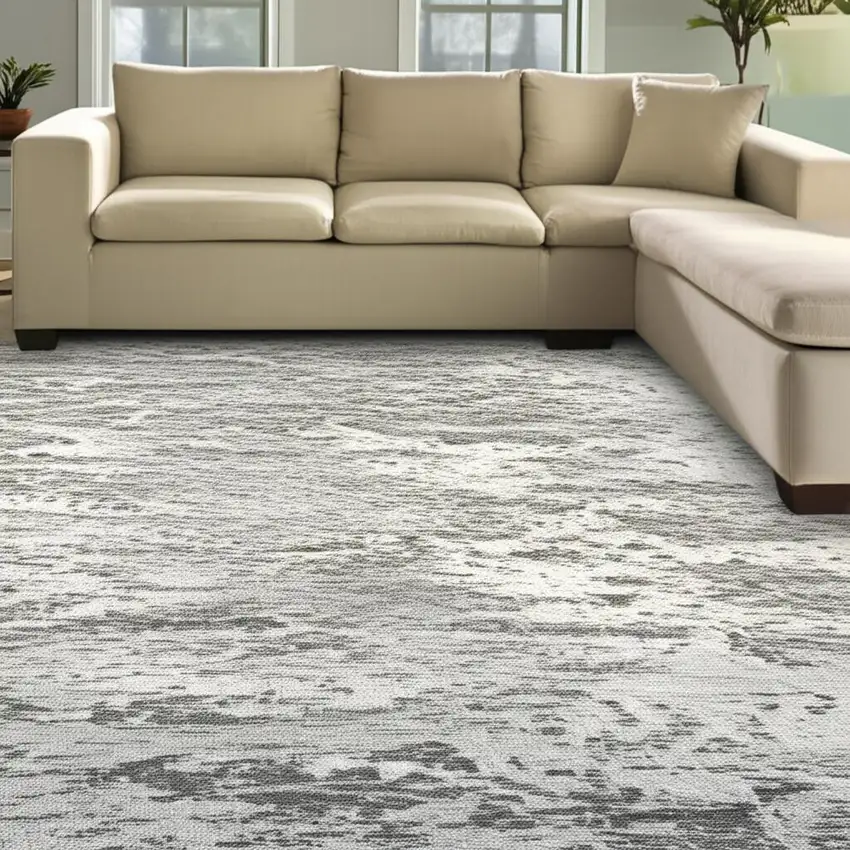 Gray White And Brown Abstract Washable Area Rug With UV Protection Photo 1