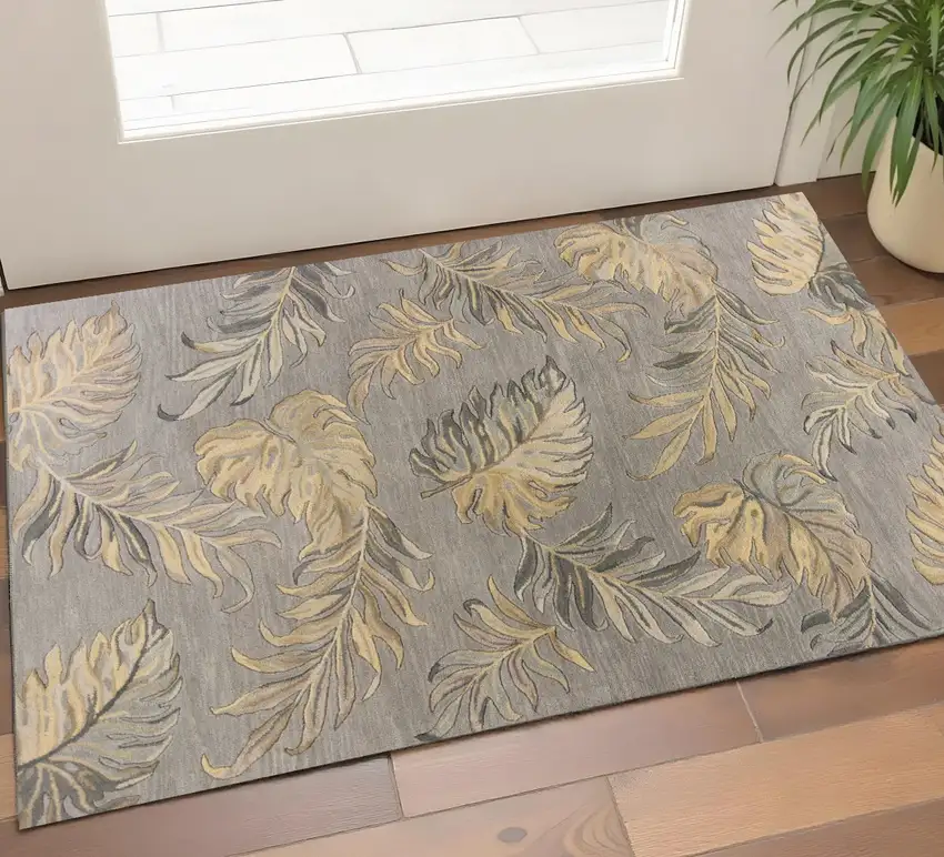 Gray And Taupe Wool Botanical Leaves Hand Tufted Area Rug Photo 1