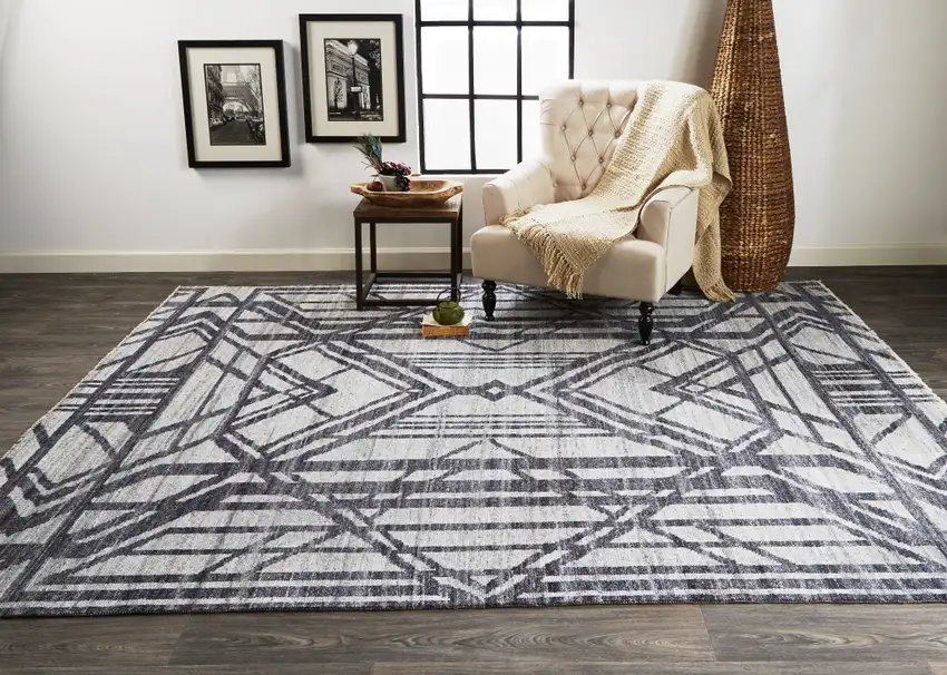 Gray And Blue Wool Geometric Hand Knotted Area Rug Photo 9