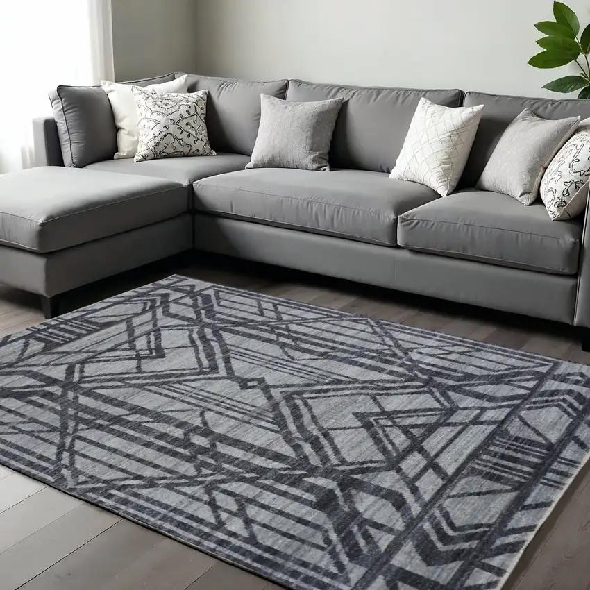 Gray And Blue Wool Geometric Hand Knotted Area Rug Photo 1