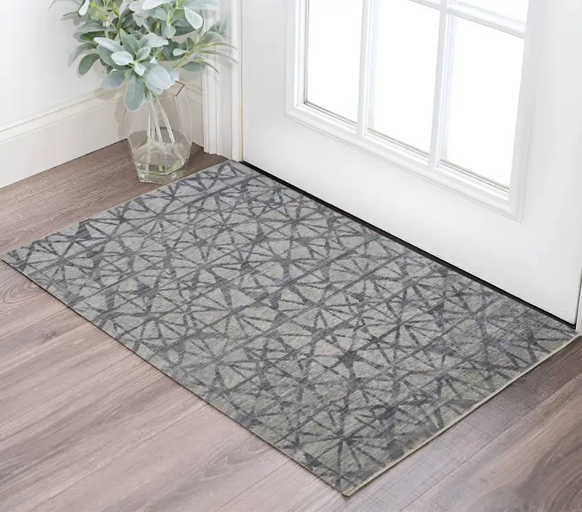 Gray Wool Geometric Hand Knotted Area Rug Photo 1