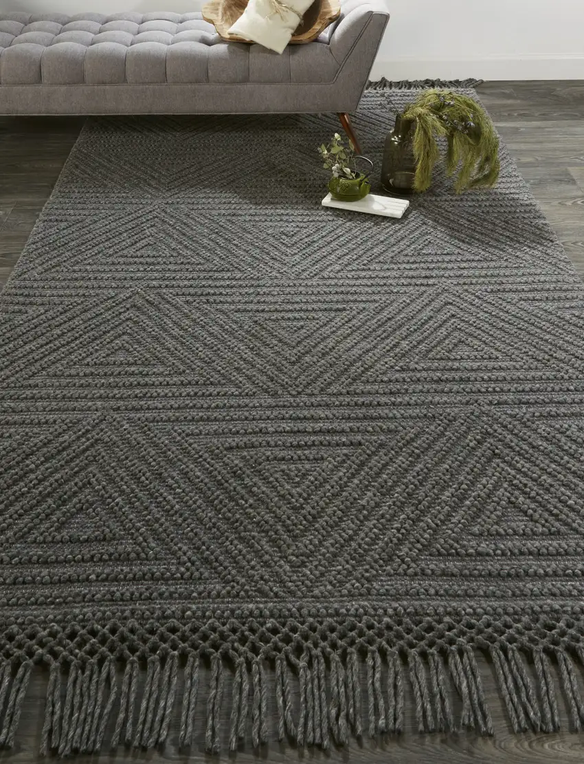 Gray Wool Geometric Hand Woven Area Rug With Fringe Photo 6
