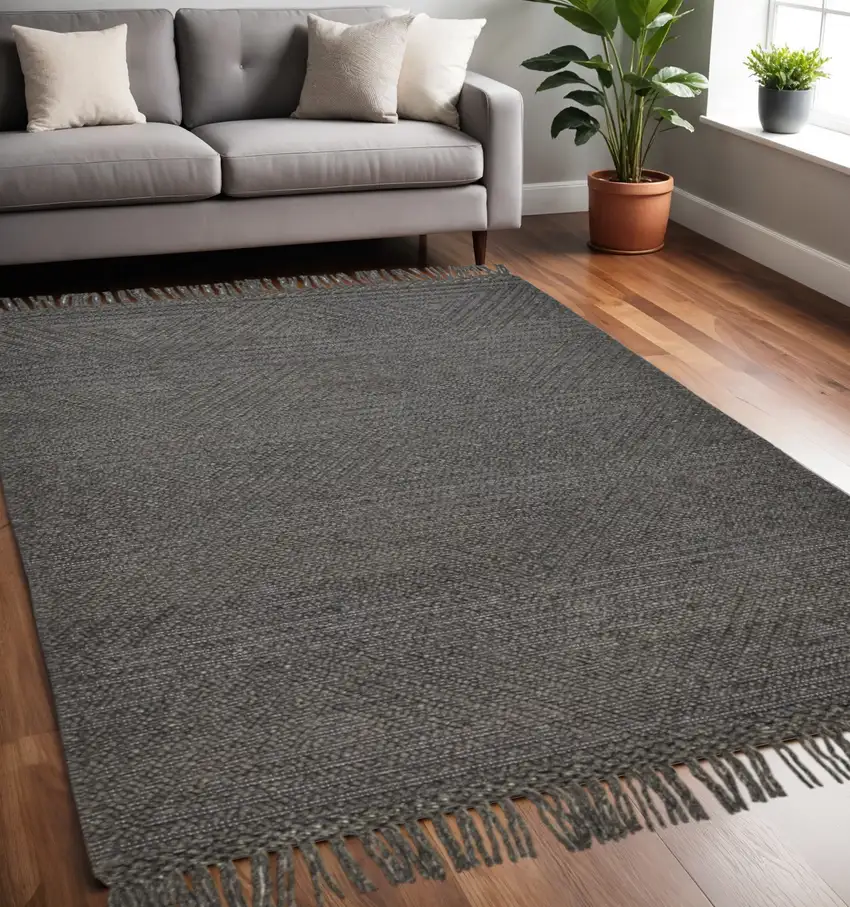 Gray Wool Geometric Hand Woven Area Rug With Fringe Photo 1