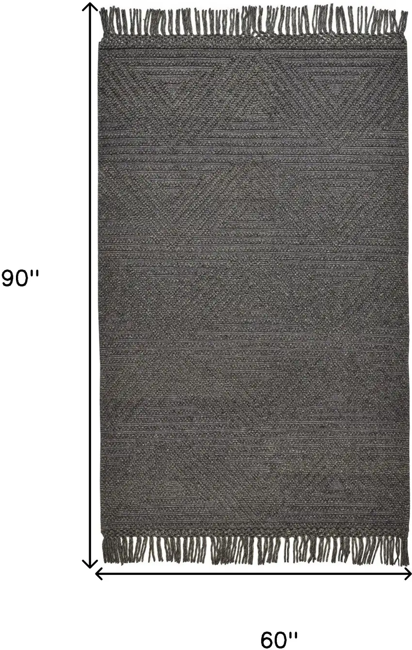 Gray Wool Geometric Hand Woven Area Rug With Fringe Photo 7