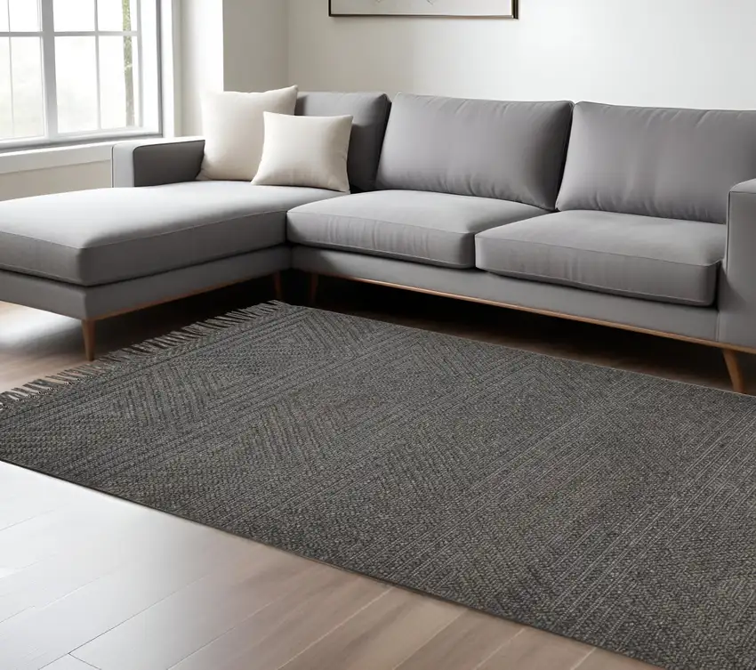 Gray Wool Geometric Hand Woven Area Rug With Fringe Photo 1