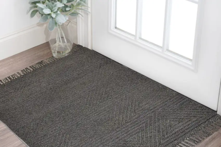 Gray Wool Geometric Hand Woven Area Rug With Fringe Photo 1