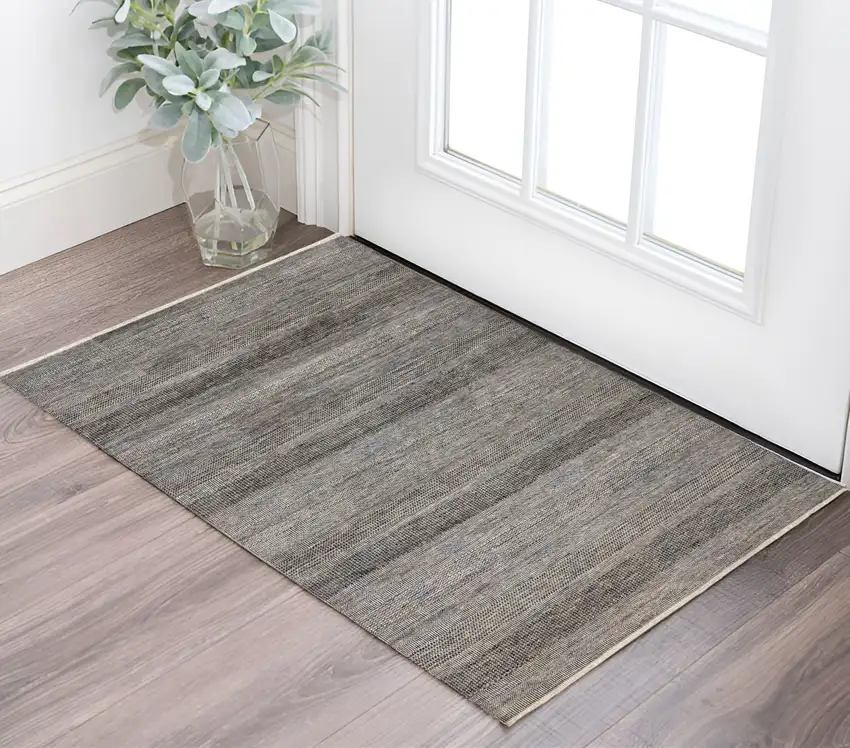 Gray Wool Striped Hand Knotted Area Rug Photo 1