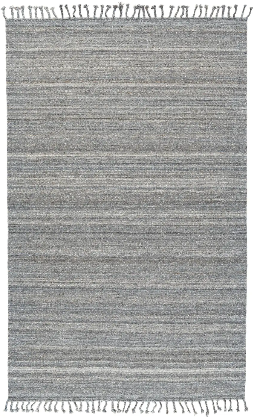 Gray Wool Striped Hand Woven Area Rug With Fringe Photo 2