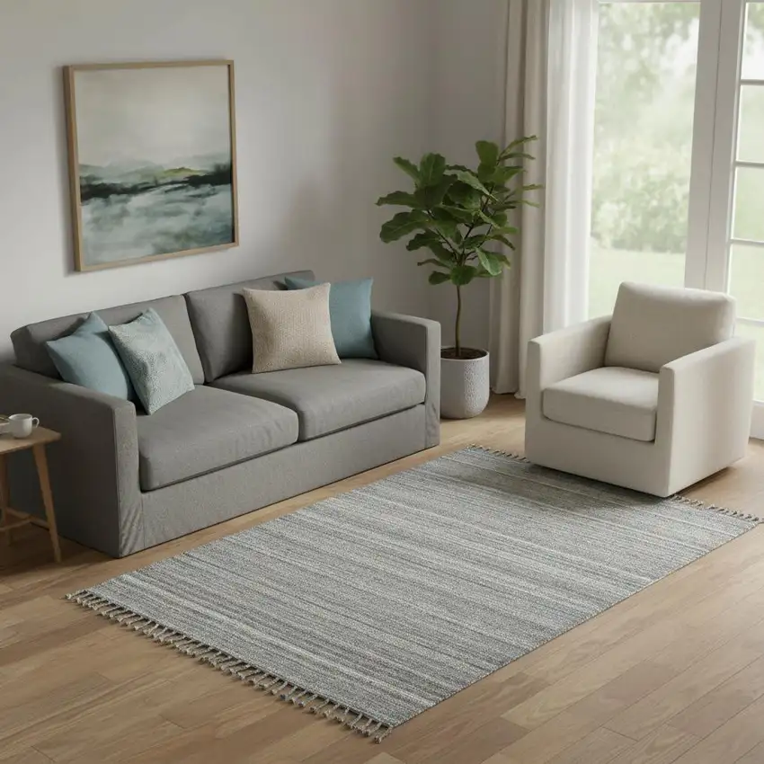 Gray Wool Striped Hand Woven Area Rug With Fringe Photo 1