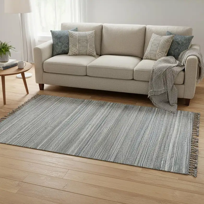 Gray Wool Striped Hand Woven Area Rug With Fringe Photo 1